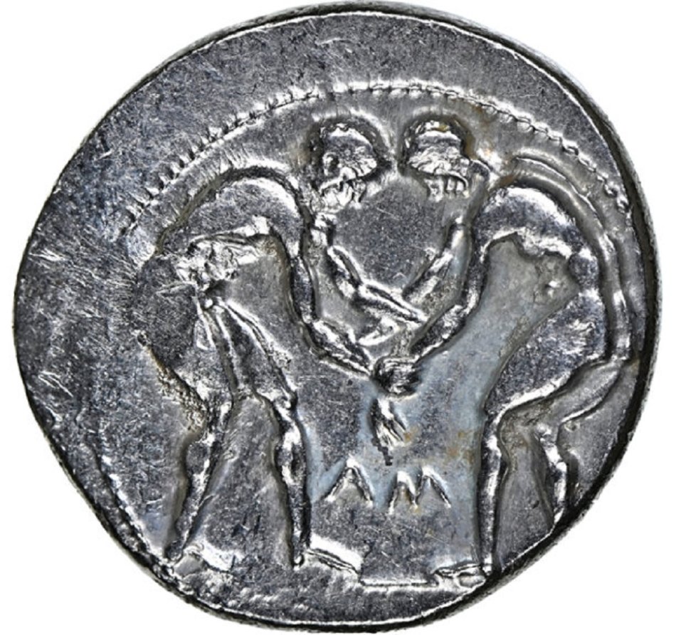 Ca.-380-325-BC-Greek-Pamphylia-Aspendus-Stater---Wrestlers-Slinger-Triskeles-And-Countermark